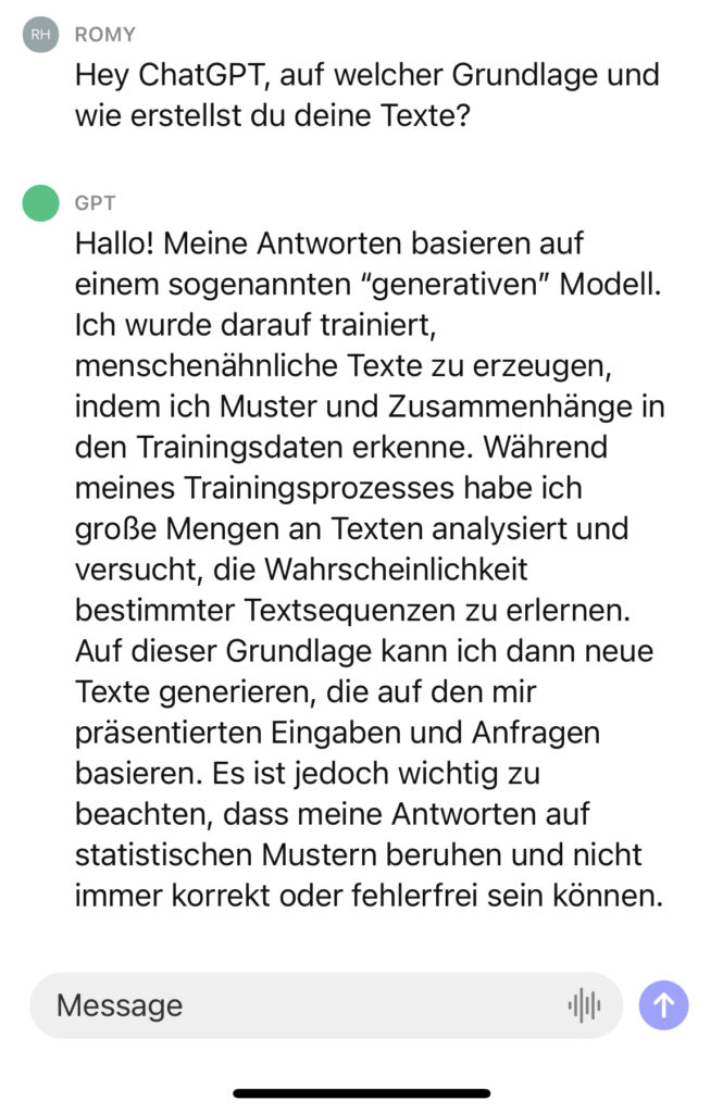 Chat mit Chat GPT zur Funktionalität von Chat GPT