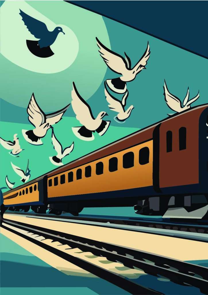 Tauben erheben sich in einem Schwarm neben dem Zug
